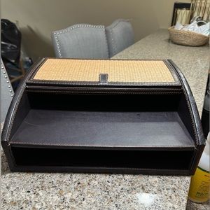File Desk Organizer Coffee Faux Leather Brown and wicker